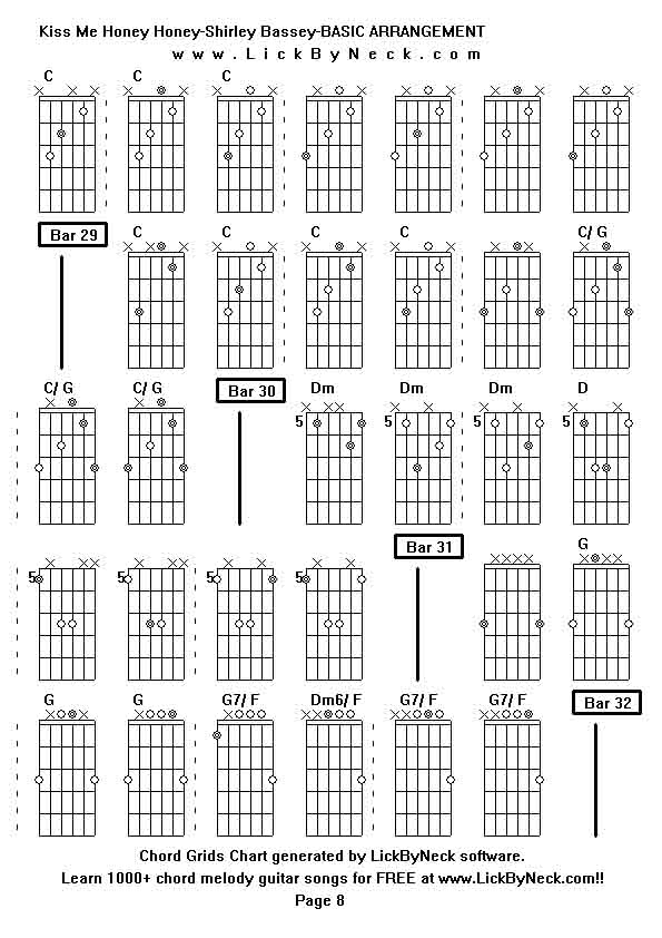 Chord Grids Chart of chord melody fingerstyle guitar song-Kiss Me Honey Honey-Shirley Bassey-BASIC ARRANGEMENT,generated by LickByNeck software.